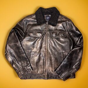 GAP Mens Brown Leather Full Zip Quilted Pad Lining Vtg Y2K Bomber Biker Jacket M